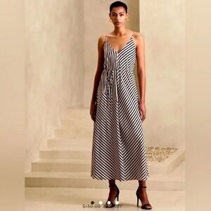 Banana Republic Gully Asymmetrical Seam Maxi Dress Gray‎ White Stripe Petite XL